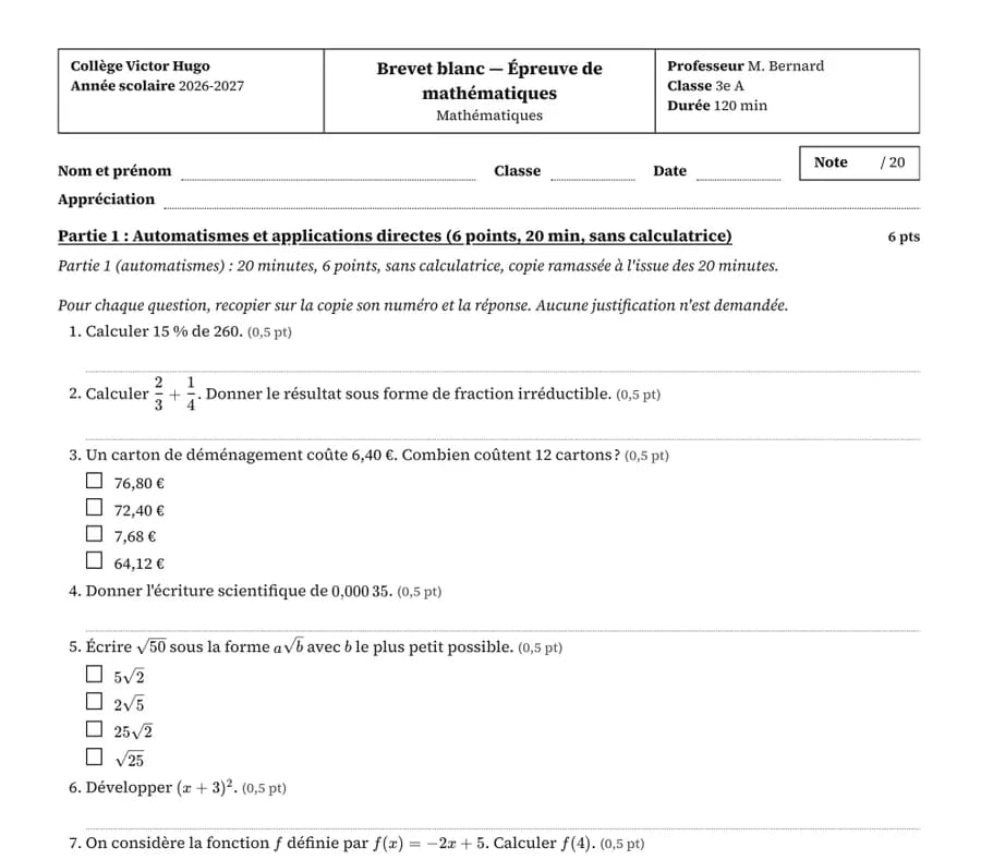 Extrait d'un brevet blanc de mathématiques généré par Sujetia : partie automatismes et exercices